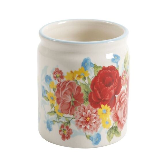 Pioneer Woman Sweet Rose Mini Crock Utensils Set 8-Pc Ceramic Silicone Wood NEW - Picture 4 of 5